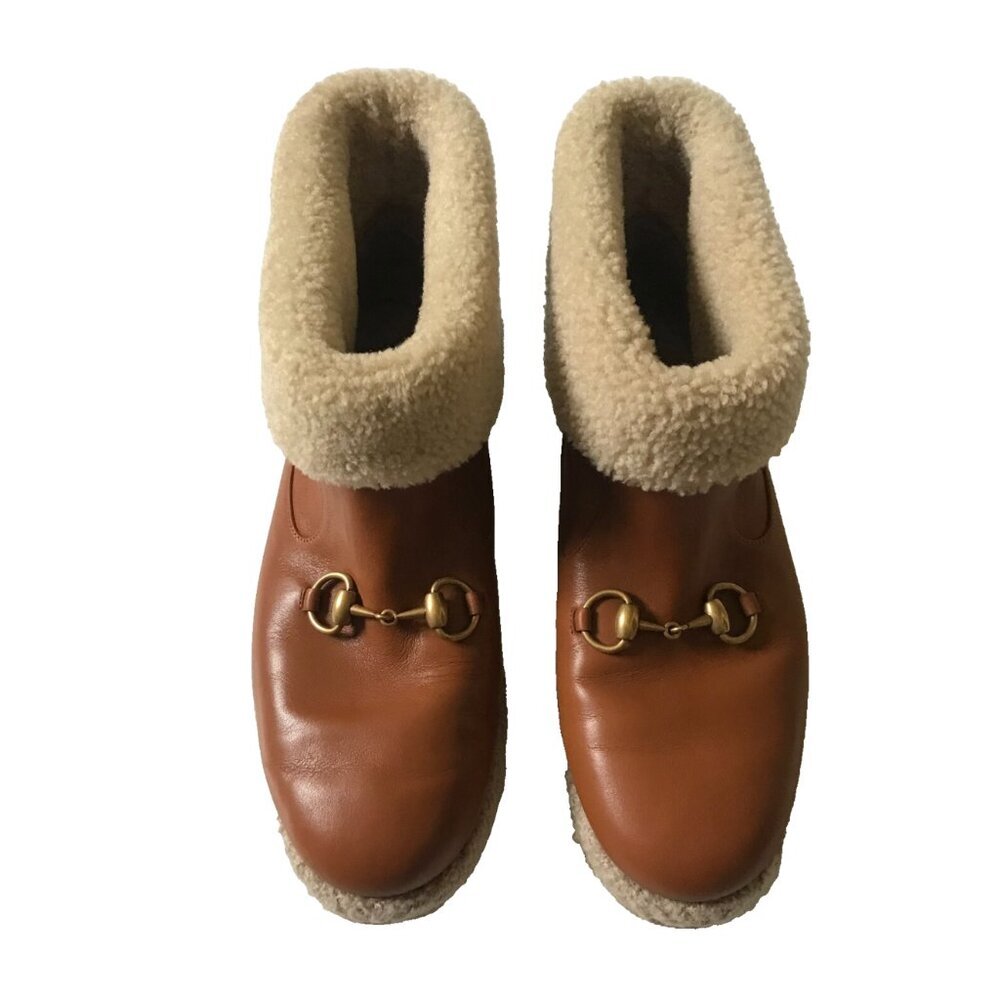 NWOB Gucci Fria Horsebit Ankle Boots Womens 41 10 Brown Leather Sherpa Lined NEW - Picture 5 of 13